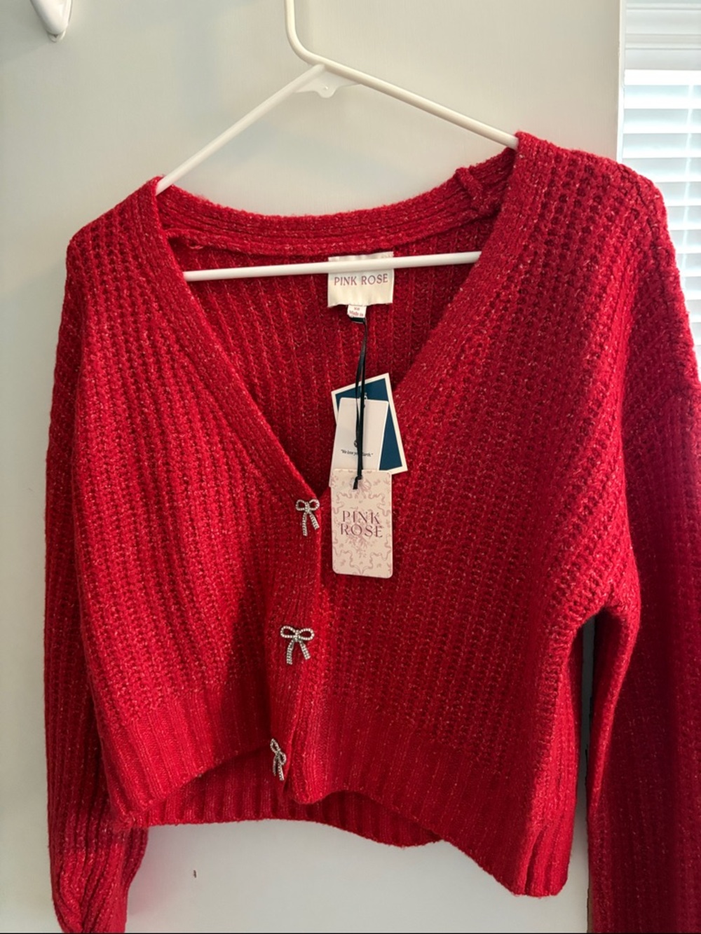 Pink Rose Red Cropped V-Neck Bow-Front Knit Cardigan
